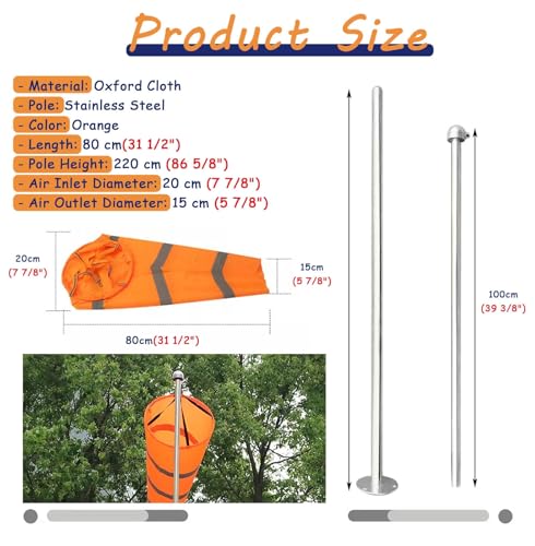 Wind Direction Measurement Sock Bag Reflective, Portable Windsock Pole Kit Wind Directions Indicators, Oxford Wind Flag Decoration for Park Dock(80 cm (31.5\")) - Thumbnail 7