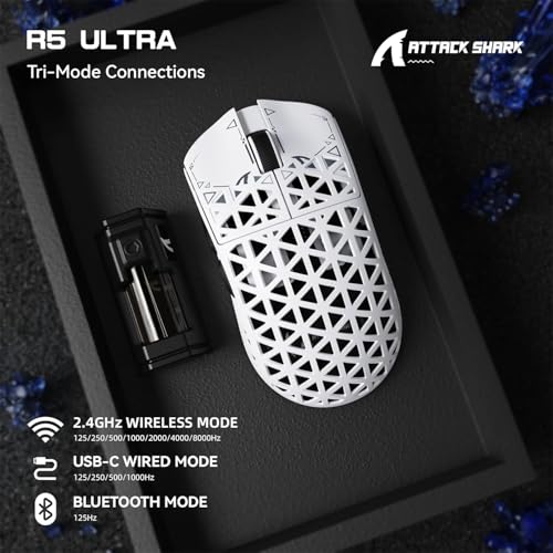Image of ATTACK SHARK R5 Ultra Wireless Gaming Mouse,39g Superlight Carbon Fiber Hollowed-Out,PAW3950MAX Optical Sensor Nordic 52840 MCU 8K Polling 42K DPI,BT /2.4G /USB-C Mice with Coiled Cable for PC /Mac-White