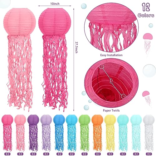 Image of Retisee Set of 24 Multicolor Jellyfish Paper Lanterns Mermaid Sea Ocean Birthday Party Decorations Hanging Jelly Fish Decoration for Classroom Birthday Party, 12 Colors