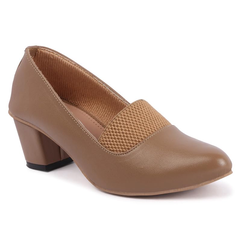 Block Heel Pumps for Women - 2 Inch Block Heel, Stable Rubber Sole | Synthetic Upper with Rubber Sole | Slip-On Closure | Round Toe | Anti-Skid Textured Base (Beige, Black, Brown)-image-43