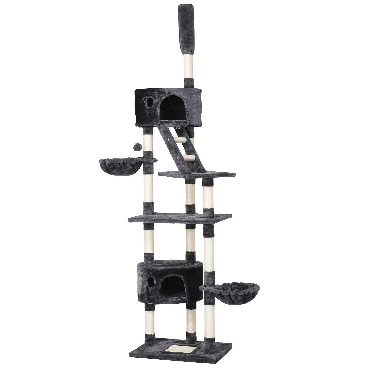 Yaheetech Floor to Ceiling Cat Tree, 228-255cm Height Adjustable Tall Tower for Indoor Cats, Scratching Post with Condos Baskets and Ladder