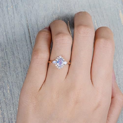 Miniatura 5 de Anillo de compromiso chapado en oro rosa de 18 quilates con piedra lunar y arcoíris, para mujer, anillo de compromiso con diamantes de imitación de