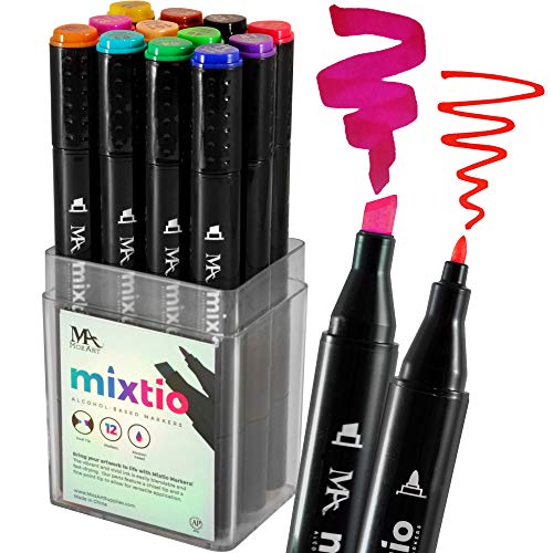 Mixtio Markers - 12 Color Set, Dual Tip Chiseled & Fine Point - Premium Grade Markers for Children & Adult Coloring Materials, Design, Fashion, School, Art, Calligraphy - MozArt Supplies