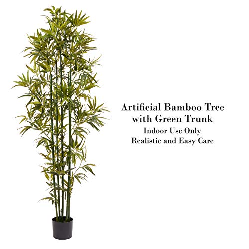 Home Pure Garden 6 Ft. Artificial Bamboo – Tall Faux Potted Indoor Floor Plant for Restaurant or Office Decor – Large and Lifelike (Green Trunk)