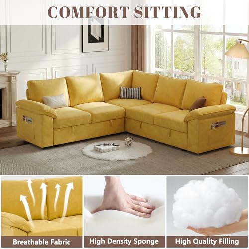 Image of 85 Inch Modular Sectional Sofa with Pull Out Bed, L Shaped 5 Seat Sectional Sleeper Sofa with Storage, Sectional Couches for Living Room, Cloud Modular Couch,Removable Sofa Cover,Yellow
