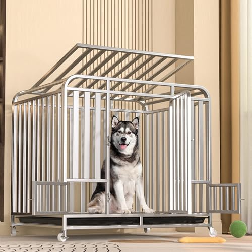 頑丈で壊れにくい犬用ケージ、大型犬用ケージ(キャスター付き)、強化素材使用、屋内/屋外兼用(Silver,95cm/37.4in)