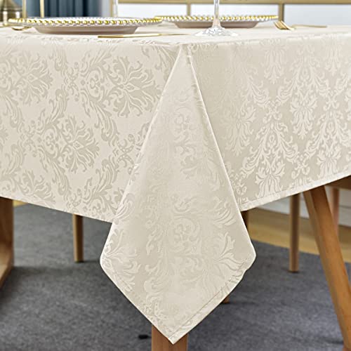 SASTYBALE Jacquard Tablecloth Rectangle 60 x 102 Inch Beige, Spill Proof Washable Damask Table Cloth, Soft Polyester Table Cover for Kitchen Dining Room, Parties, Indoor, Outdoor (Off White, Oblong)