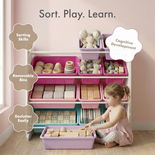 Image of Humble Crew Toy Storage Organizer with 12 Removable Storage Bins for Kids Playroom, 4-Tier Toddler Toy Organization, White /Pink /Purple /Turquoise