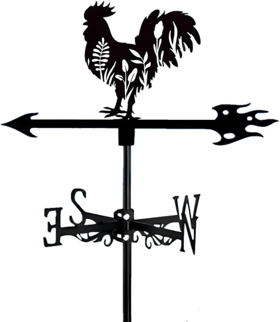 Stainless Steel Black Weathervane Iron Rooster Weather Vane Metal Wind Direction Indicator Speed Spinner Outdoors Roof Yard Decorations (F)