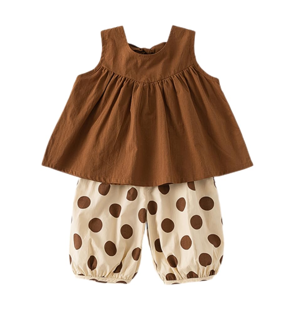 Rngeddg Toddler Baby Girls Two Piece Suit Sweet Solid Color Sleeveless Pleated Vest Dress + Cute Polka Dots Wide-Leg Pants (Coffee,100/18-24 M,Unisex,Big Kid,US,Age,18 Months,24 Months)