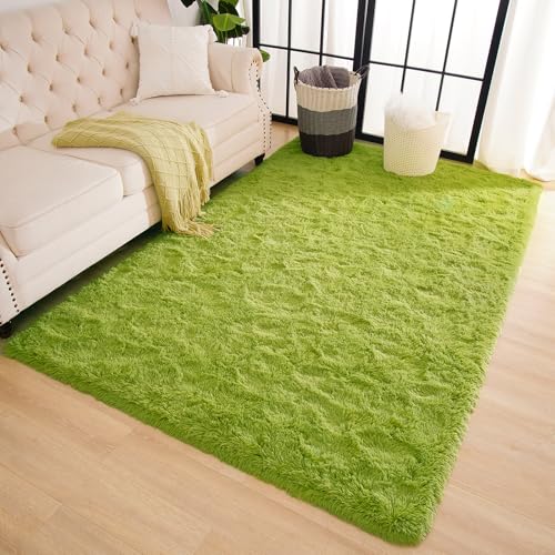Green Rug for Bedroom, 3x5 Fluffy Area Rugs for Kids Playroom, Furry Carpet for Nursery Room, Shaggy Rug for Teen Living Room, Thick Fuzzy Plush Rug for Dorm, Cute Room Decor for Baby