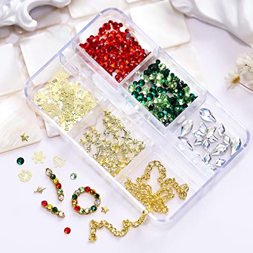 Christmas Flat Back Nail Art Rhinestones Red Green Glass Crystal Gems Nail Supplies Gold Snowflakes Star Bells Charm And Chains Nail Decoration Kit For Women Diy Christmas Nails Accessories Crafts #TOP1