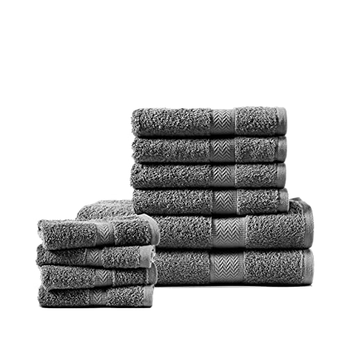 Grey Bath Towels Set - 10 Piece 100% Cotton Bath Towels, Super Absorbent Hotel Collection Towels, Luxury Bath Towel Sets for Bathroom, 2 Bath Towels, 4 Hand Towels, 4 Washcloth - Grey Towels
