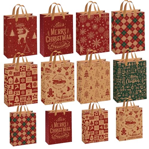 AFXXE 12 peças sacos de presente grandes/pequenos tamanhos diferentes de papel Kraft com alças, reutilizável para o Natal, sacos de natal infantil com 8 desenhos(32 x 25 x 11,5 cm)