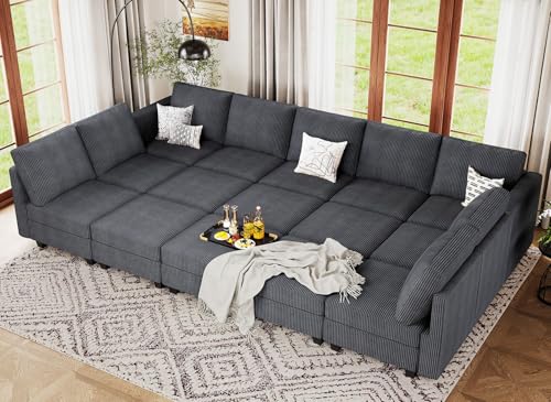 Belffin Large 15 Seat Modular Sectional Sofa with Storage Seat Corduroy Sleeper Sectional Sofa Bed Oversized Convertible Modular Couch for Living Room Dark Grey