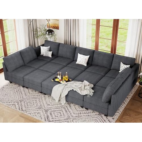 Belffin Large 15 Seat Modular Sectional Sofa with Storage Seat Corduroy Sleeper Sectional Sofa Bed Oversized Convertible Modular Couch for Living Room Dark Grey 15 seat Sleeper Dark Grey