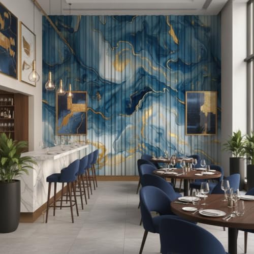 Image of Blue Gold Louvers Self-Adhesive Kitchen Wallpaper Roll, PVC 3D Wall Sticker Oil Proof, Waterproof & Washable Wallpaper for Home Decor, Living Room, Bedroom, Hotel & Cafe Walls (45x300cm)