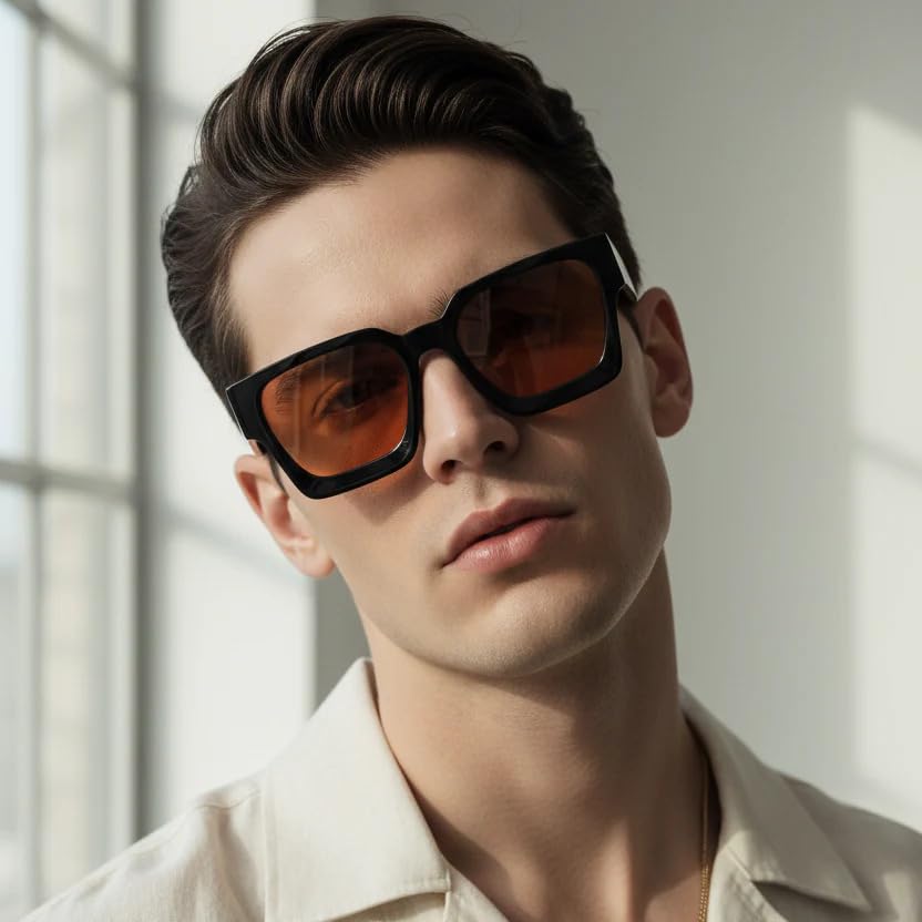 Image of ELINE Premium Black Square Sunglasses for Men | Orange UV Protection Lenses | Bold Designer Eyewear | Lightweight Fashion Shades for Driving, Travel & Outdoor Wear