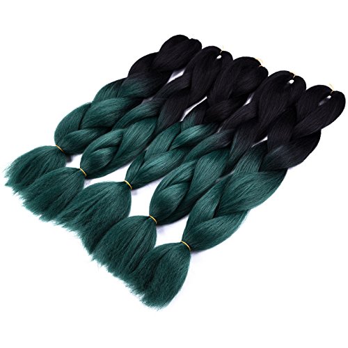 Silike Jumbo Braids Hair Extensions (5 Pieces) 24'' Ombre Jumbo Braid Kanekalon Hair For Beauty (Black/Dark Green)