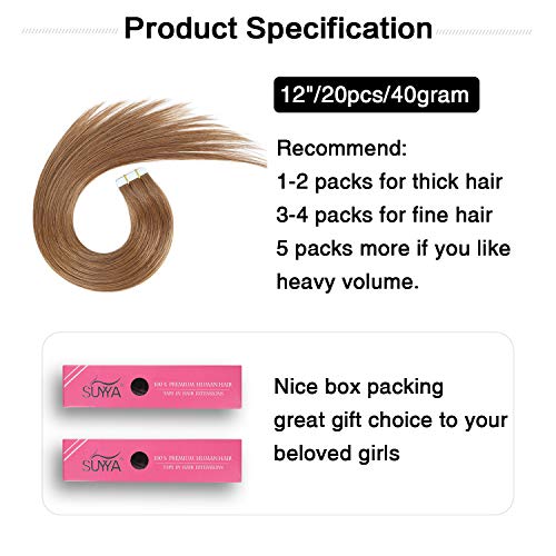 Image of SUYYA Tape In Hair Extensions Human Hair 12 Inch #8 Light Brown | Remy Human Hair, Invisible Skin Weft, Soft & Silky Straight Hair, 20PCS 40G, Seamless Blend, Add Length & Volume