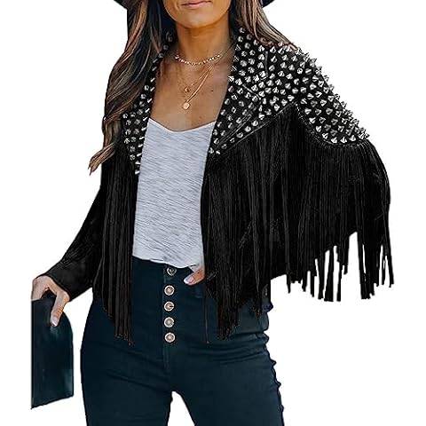 Fashion SX Women's fashionable short style rivet decoration tassel faux fur motorcycle jacket（M-Black） Cover