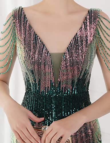 Image of Women 1920s Plus Size Formal Dress Tassels Sleeve Sequins Gatsby Maxi Evening Gown