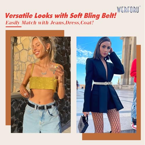 WERFORU Women Bling Rhinestone Soft Jeans Dress Belt Shiny Crystal Waist Belt with Silver Buckle3