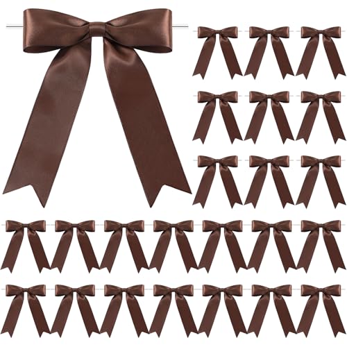 Riceshoot 24 Pcs Satin Ribbon Twist Tie Bows 5x7 Large Decorating Ribbon Gift Bows for Gift Wrapping Champagne Bottle Cake Treat Bag Wedding Birthday Party(Dark Brown)