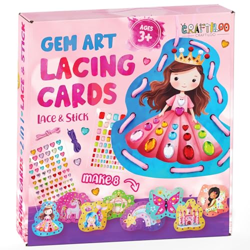 CRAFTILOO Lacing Cards for Kids Ages 3-5 - 8 Princess Sewing Cards with Gem Stickers Toddler Lacing Toy Fine Motor Preschool Threading Activity for Ages 4-8