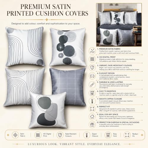 Image of Decorative Satin Sofa Cushion Covers Set of 5, 16 x 16 Inches, Multicolor Floral Printed Pillow Covers for Living Room, Bedroom, Couch & Sofa, Soft Glossy Fabric, Zipper Closure