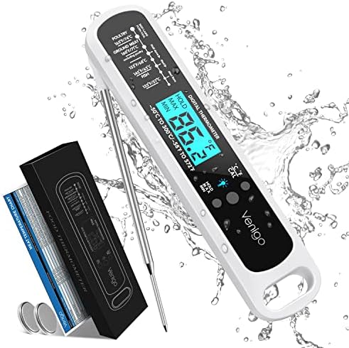 Venigo Digital Meat and Food Thermometer for Cooking and Grilling, Waterproof Instant-Read Cooking Thermometer, Kitchen Probe Thermometer for Baking, Roasting, Smoking, Deep Frying (White)