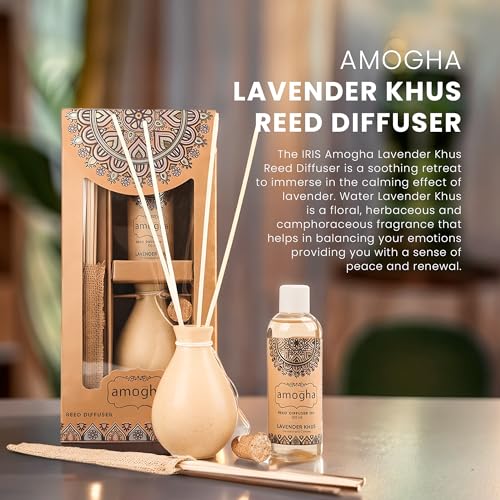 Image of IRIS Amogha Lavender Khus Reed Diffuser | 100ml Oil + 8 Reed Sticks | Decorative Ceramic Pot | Smoke-Free Home Fragrance | Ideal for Gifting