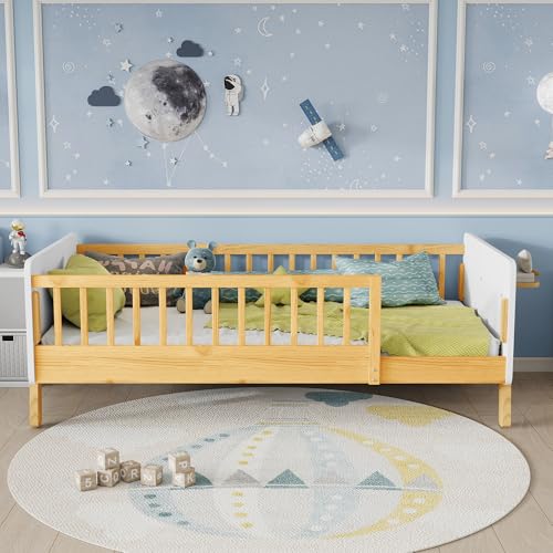 Mirightone Twin Bed Frame for Kids with High Rails, Wooden Montessori Bed, Low Profile Bed with Headboard and Footboard for Girls and Boys, No Box Spring Needed, White - Thumbnail 2