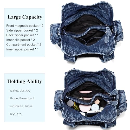 Image of Designer Denim Handbags for Women Hobo Tote Bag Crossbody Denim Purses Blue Jean Shoulder Bag