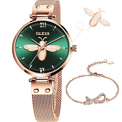 Women Steel Watches Small Dial,Rose Gold Ladies Wrist Watches,Dress Women Watch,Green Ladies Watch,Luxury Lady Watches,Small Rose Gold Watch for Lady,Fashion Ladies Watch Waterproof OLEVS Watch
