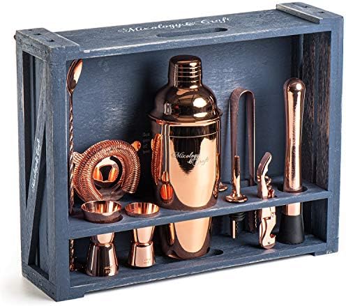 Mixology Bartender Kit: 11-Piece Bar Tool Set with Rustic Wood Stand | Perfect Home Bartending Kit and Cocktail Shaker Set for a True Drink Mixing Experience | Fun Housewarming Gift Idea (Copper)