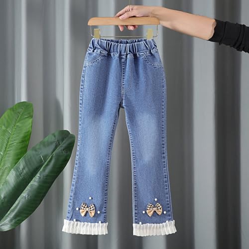 Girls Pearl Bow Knot Denim Jeans Elastic Waist Raw Hem Bell Bottom Jeans Y2k Trendy Cute Flare Leg Pant with Pocket3