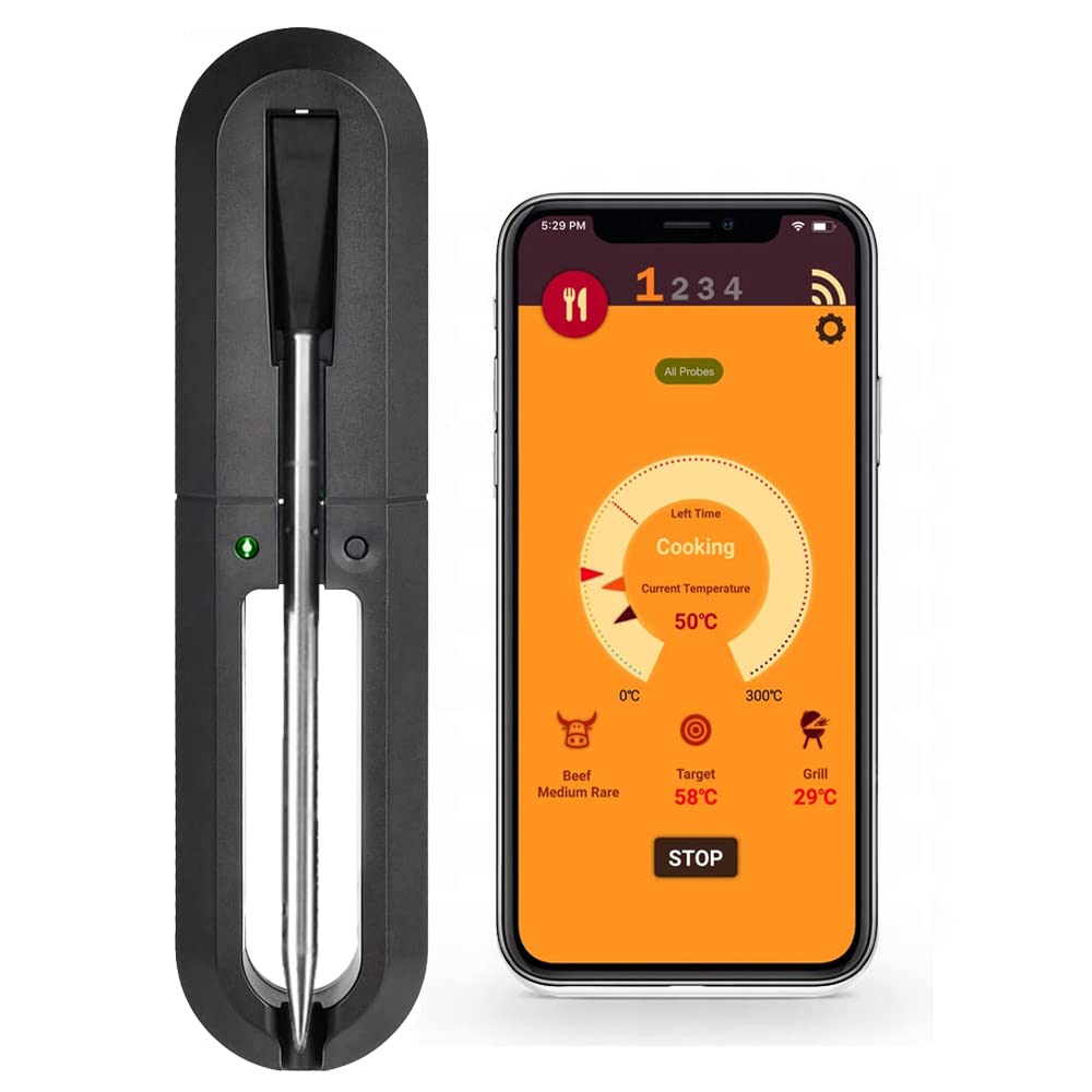 Meat Mate BBQ Meat Thermometer | 30M Long Range, Smart, Wireless, Assisted Food Cooking Thermometer For The Oven, Grill, Kitchen, BBQ ,Smoker, Rotisserie with Bluetooth Connectivity (Single)