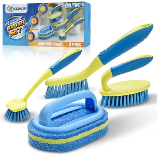 Image of Scrub Brush Set for Bathroom Kitchen Bathtub Toilet Deep Cleaning Brush Tools All Purpose Cleaner Sponge Scrubbing Brushes with Ergonomic Handle, 4-Piece