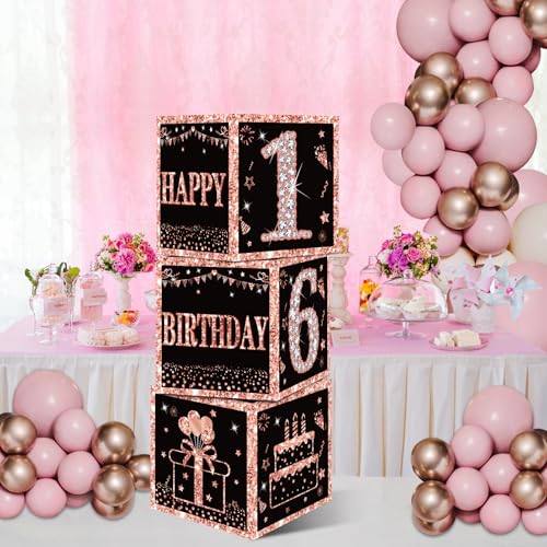 Image of Eiurteao 3pcs 16th Birthday Decorations Boxes for Girls, Rose Gold Happy 16 Birthday Balloons Boxes Party Supplies, Sweet 16 Bday Theme Cardboard Box Decor