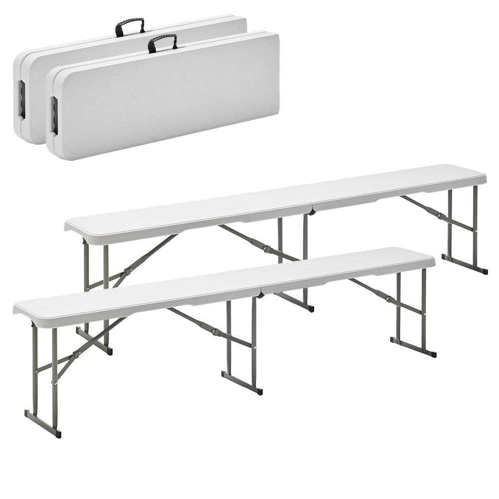 LOLAhome Set 2 Bancos Plegable, de Acero Anticorrosión y HDPE (De 181x26x42 cm) | Resistente, fácil Transporte, fácil Montaje | Ideal Acampadas, Picnic, Catering, Jardín, Terraza