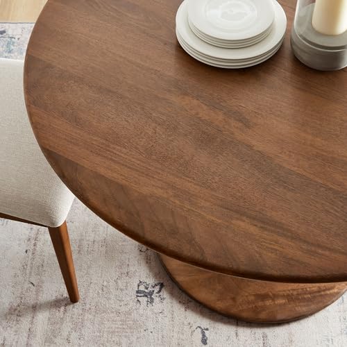 Image of Modway Lippa 48 Inch Round Wood Dining Table in Walnut - Solid Mango Wood Tabletop with Pedestal Base - Mid Century Modern Dining Room Furniture - Kitchen Table for 4-6 Person