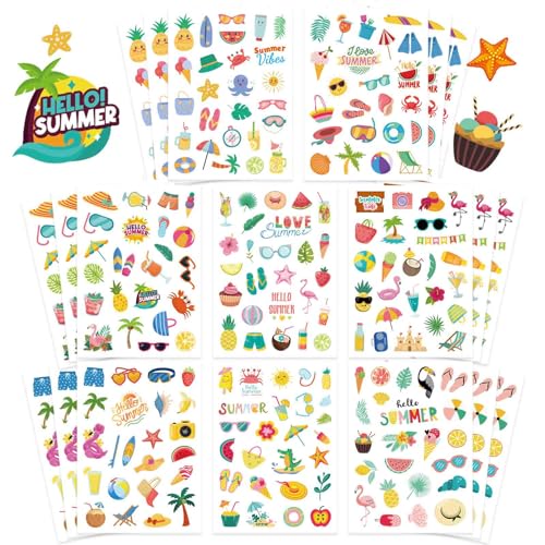 24 Sheets Summer Stickers Pool Beach Luau Hawaii Sun Stickers Hello Summer Ocean Beach Stickers, Watermelon Beer Ice Cream Pineapple Sticker, Summer Theme Family School Classroom Party Favor