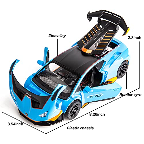 Wakakac Model Car 1/24 Scale Compatible For Lamborghini Huracan Sto Die-Cast Toy Vehicle Pull Back With Light And Sound Toy Car Door Can Be Open (Blue) #TOP1