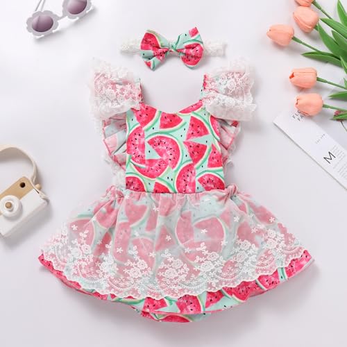 ODASDO Baby Girls Floral Lace Strawberry/Watermelon/Ice Cream Print Ruffle Romper Dress with Bowknot Headband Set2