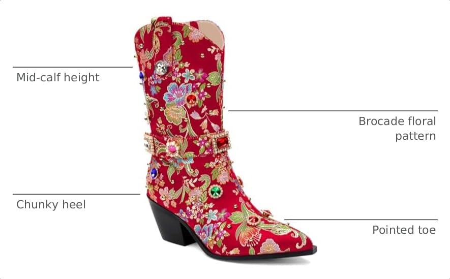 Image of LOCERICH Women Rhinestone Cowboy Sparkly Cowgirl Boots Diamond Western Floral Embroidery Mid Calf Booties