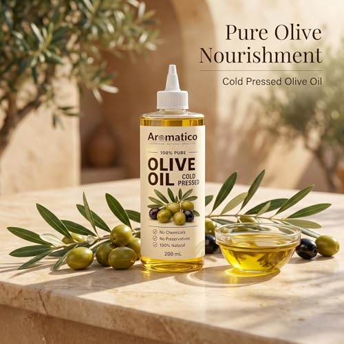 Image of AROMATICO Cold Pressed Olive Oil for Hair Growth & Skin - Olive Hair Oil for Deep Nourishment, Frizz Control & Smooth Shiny Hair | Body Massage Oil | 200ml