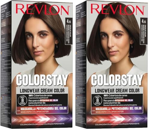 Revlon Colorstay Tinte Pelo Mujer, Coloración Permanente de larga duración, Incluye mascarilla potenciadora del color, Hasta 8 semanas de color, Tono 4.15 Chocolate Helado (Paquete de 2)