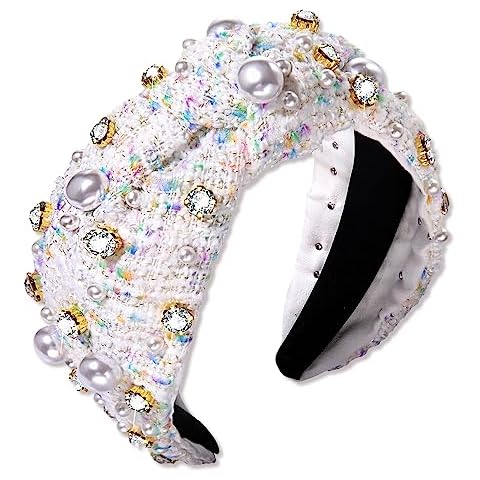 NVENF Knotted Headbands for Women, Pearl Crystal Knotted Headband, Rhinestone Embellished Jeweled Headbands Wide Top Knot Hairband Womens Fashion Hair Accessory (White) Cover