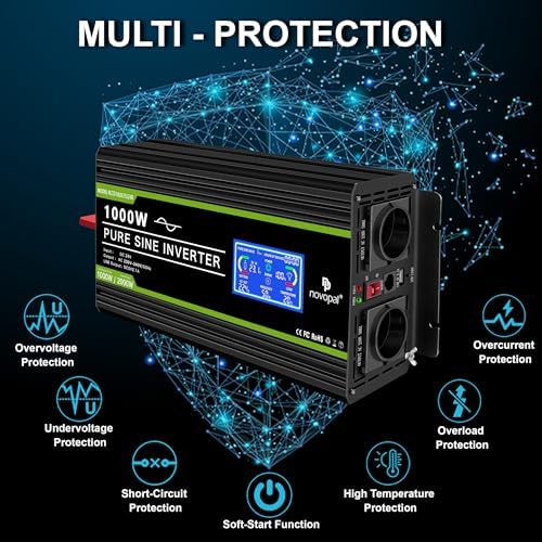NOVOPAL 1000W czysty falownik sinusoidalny 24V do 230V 240V konwerter samochodowy falownik z wyświetlaczem LCD 2 gniazda AC-pilot zdalnego sterowania